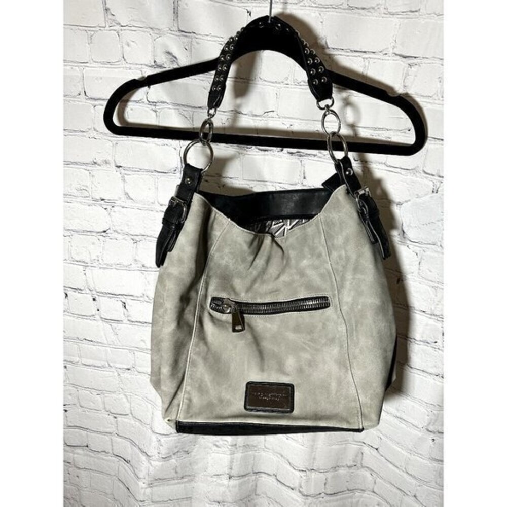 MARC NEW YORK LADIES SHOULDER BAG WITH STUDDED‎ STRAP - GRAY AND BLACK - EUC AND